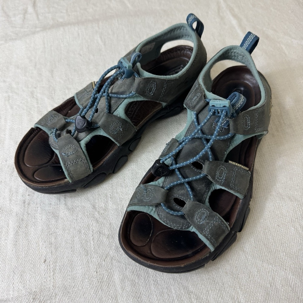 Keen Womens Sarasota Waterproof Sandals Size 8 Aqua Blue Leather Open Toe Bungee